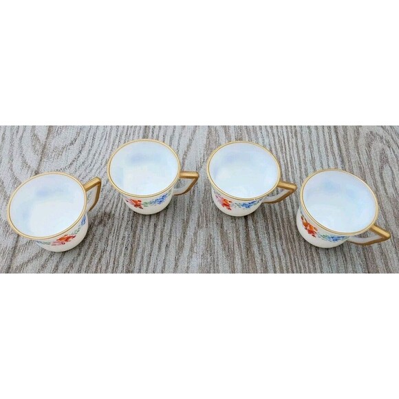 VTG Set of 4 Iridescent French Milk Glass Teacups Gold Trim Hand Painted Floral - Picture 8 of 8